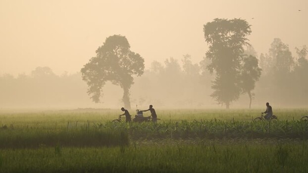 View of people with bicycles in a foggy rural field Bangladesh.