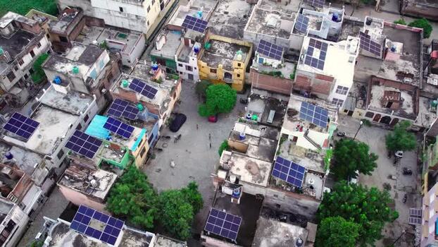 Aerial view of rooftop solar panels in Lucknow India.