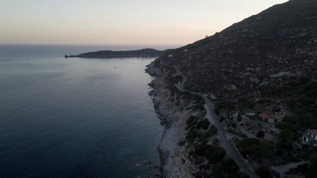 Aerial View of Lacona bay at sunset Elba Island Tuscany Italy.