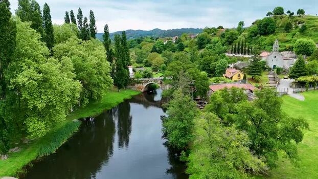 Aerial view of Rio Arnoia and the stone bridge Spain. Aerial view of Rio Arnoia and the stone bridge Spain.