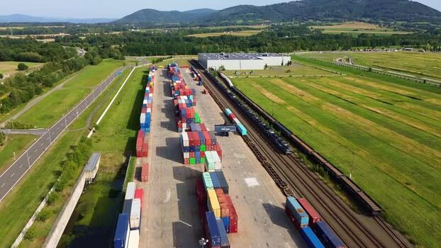 Aerial view of container terminal and railway yard in Czechia.