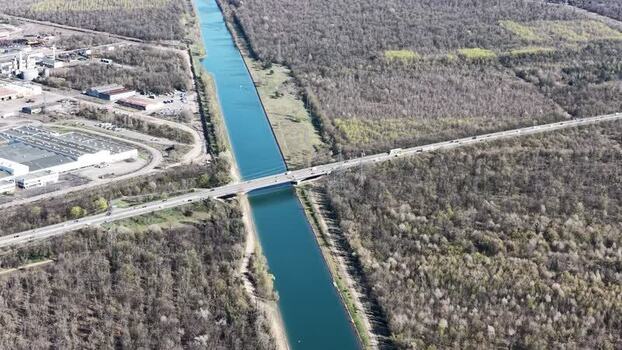 Aerial view of canal and bridge Sausheim France.