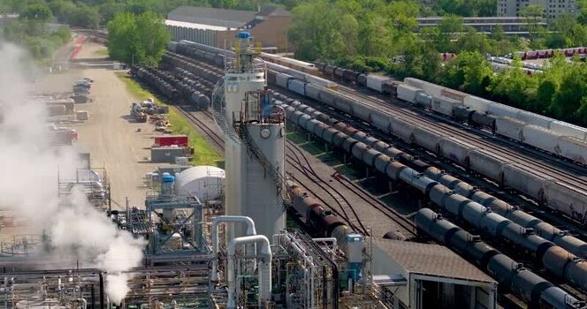 Aerial view of an industrial plant and freight trains United States. Aerial view of an industrial plant and freight trains United States.