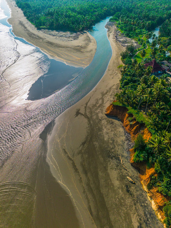 Aerial view of a river mouth meeting the sea surrounded by lush palm trees and steep cliffs along the coastline in Bali Bali Indonesia. Aerial view of a river mouth meeting the sea surrounded by lush palm trees and steep cliffs along the coastline in Bali Bali Indonesia.