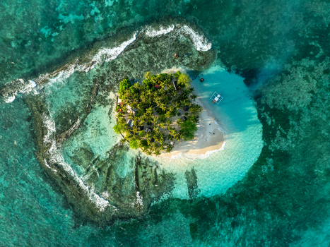 Aerial view of Guyam Island featuring lush palm trees and a white sand beach surrounded by turquoise water and coral reefs in General Luna Caraga Philippines. Aerial view of Guyam Island featuring lush palm trees and a white sand beach surrounded by turquoise water and coral reefs in General Luna Caraga Philippines.