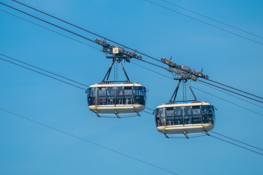 Rio de Janeiro Brazil 19 June 2026 View of the Sugarloaf Mountain cable cars transporting passengers against a clear blue sky.