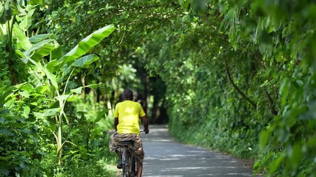View of a man riding a bicycle on a rural road in Bogura Bangladesh.