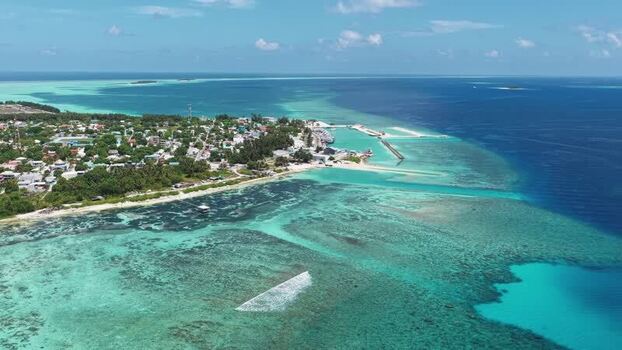 Aerial view of the tropical island of Kudahuvadhoo Maldives.
