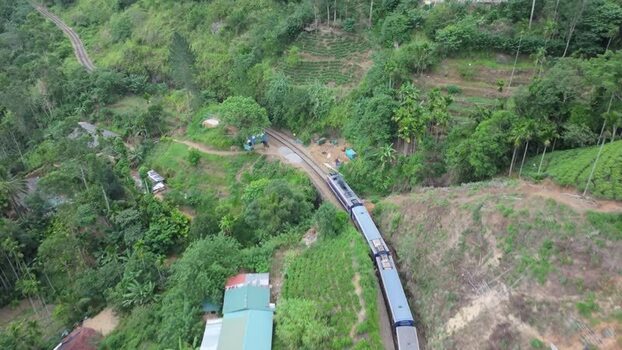 Aerial view of train near Nine Arches Bridge Sri Lanka.