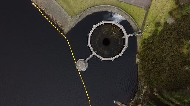 Aerial view of Whiteadder Reservoir spillway United Kingdom. Aerial view of Whiteadder Reservoir spillway United Kingdom.