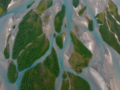 Aerial view of a braided river system with turquoise glacial meltwater flowing around lush green river islands and sandbanks in Skonseng Nordland Norway. Aerial view of a braided river system with turquoise glacial meltwater flowing around lush green river islands and sandbanks in Skonseng Nordland Norway.