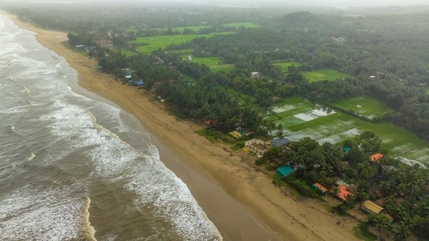 Aerial view of Gokarna beach with waves crashing on the sandy shore lush green palm trees and agricultural fields in the background in Gokarna Karnataka India.