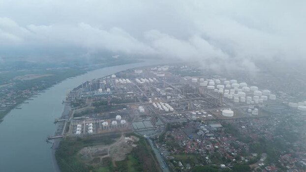Aerial view of oil refinery in Cilacap Indonesia.