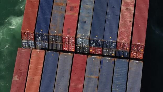 Aerial view of cargo containers on a ship Portugal.