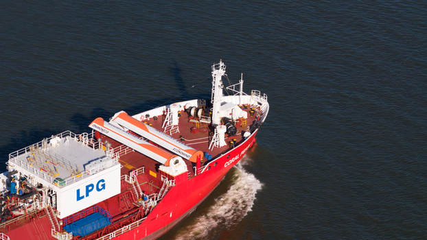 Dordrecht Netherlands 29 April 2026 Drone view of Coral Pearl with folded WAPS units showing eSAIL and wingsail technology for fuel saving and more sustainable maritime transport.