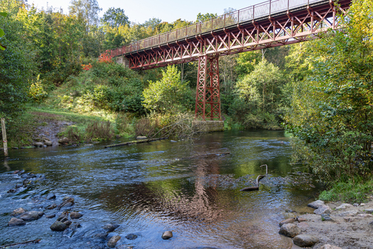 View of The Uncovered Bridge a historic red steel truss bridge spanning the Guden River surrounded by lush autumn forest in Braedstrup Jutland Denmark. View of The Uncovered Bridge a historic red steel truss bridge spanning the Guden River surrounded by lush autumn forest in Braedstrup Jutland Denmark.