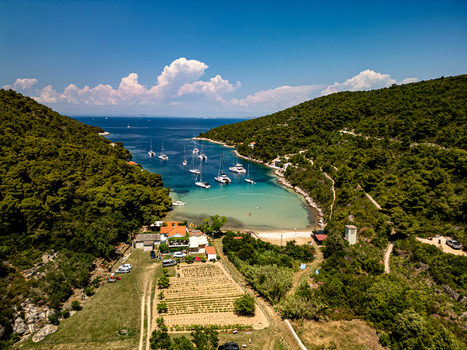 Aerial view of Stoncica bay with yachts anchored in turquoise water surrounded by lush green hills and a small beach in Vis Split Dalmatia County Croatia.