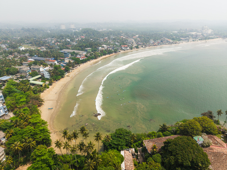 Aerial view of Dewata Beach with surfers in the water and palm trees along the sandy coastline in Galle Southern Province Sri Lanka.