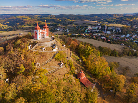 Aerial view of the Banska Stiavnica Calvary a historic pilgrimage site with red roofed chapels on a forested hill in autumn Banska Stiavnica Banskobystricky kraj Slovakia. Aerial view of the Banska Stiavnica Calvary a historic pilgrimage site with red roofed chapels on a forested hill in autumn Banska Stiavnica Banskobystricky kraj Slovakia.