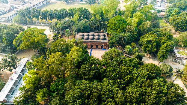 Aerial view of the historic Bagha Shahi Mosque surrounded by lush green trees and traditional terracotta architecture in Rajshahi Rajshahi Division Bangladesh.