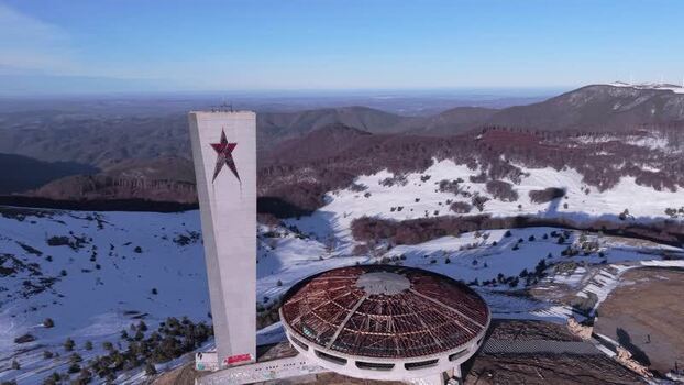 Aerial view of Buzludzha Monument Bulgaria.