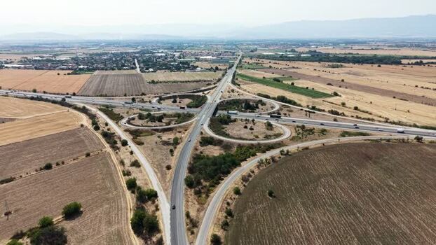 Aerial view of Trakiya Highway interchange in Bulgaria.