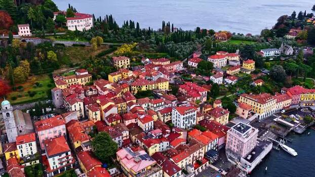 Aerial view of Varenna on the shores of Lake Como Italy.