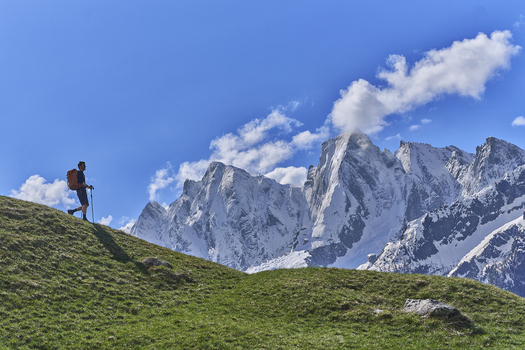 View of a hiker with a backpack and trekking poles walking on a grassy mountain slope with snow capped peaks of the Engadin in Grisons Switzerland. View of a hiker with a backpack and trekking poles walking on a grassy mountain slope with snow capped peaks of the Engadin in Grisons Switzerland.