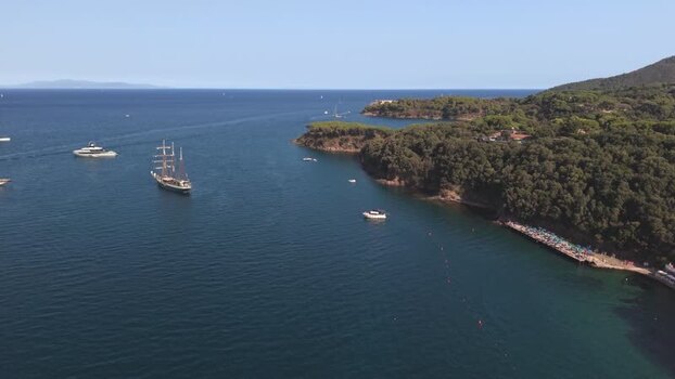 Aerial view of Naregno Beach on Elba Island Italy.