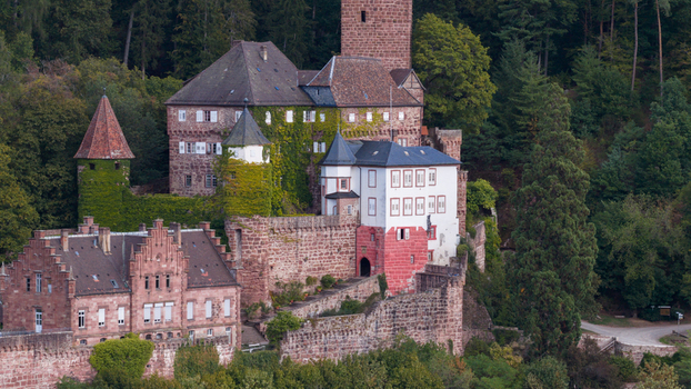 Aerial view of Zwingenberg Castle with its historic stone walls ivy covered towers and surrounding lush forest in Zwingenberg Baden Wurttemberg Germany. Aerial view of Zwingenberg Castle with its historic stone walls ivy covered towers and surrounding lush forest in Zwingenberg Baden Wurttemberg Germany.
