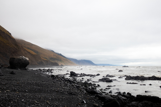 View of the rugged Lost Coast featuring a black sand beach large boulders and steep hills under an overcast sky in Humboldt County California United States.