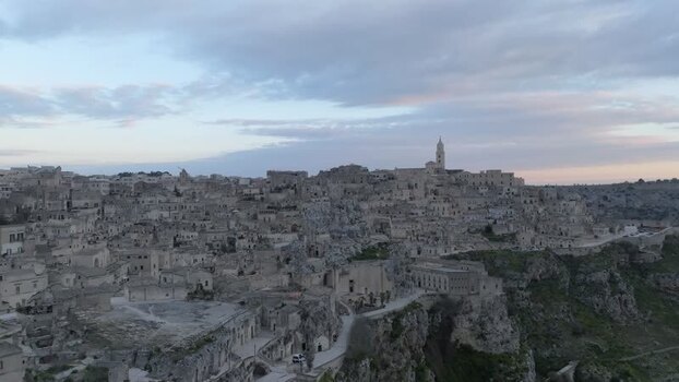 Aerial view of Sassi di Matera stone dwellings Italy.