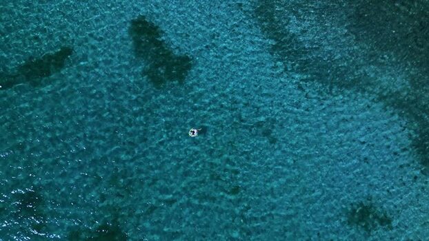 Aerial view of a person floating in turquoise water over reefs Honduras. Aerial view of a person floating in turquoise water over reefs Honduras.