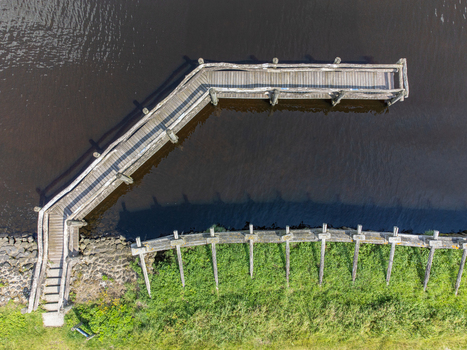 Aerial view of a wooden pier stretching into the dark waters contrasting with the vibrant green vegetation along the shore Palendijk Utrecht Netherlands.