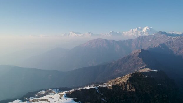 Aerial view of Himalayan mountain peaks in Rudraprayag India.