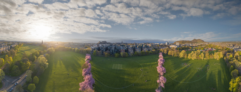 Aerial view of The Meadows park with blooming cherry blossoms Edinburgh Castle on the horizon and Arthur s Seat under a soft sunset sky Edinburgh Scotland United Kingdom. Aerial view of The Meadows park with blooming cherry blossoms Edinburgh Castle on the horizon and Arthur s Seat under a soft sunset sky Edinburgh Scotland United Kingdom.