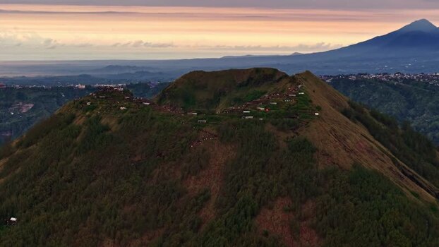 Aerial view of Mount Batur volcanic crater in Bali Indonesia.