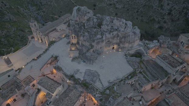 Aerial view of Sassi di Matera at dusk Italy.