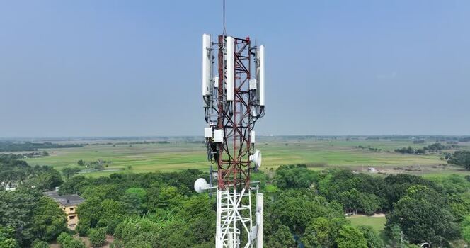 Aerial view of a telecommunications tower in Rajshahi Bangladesh.
