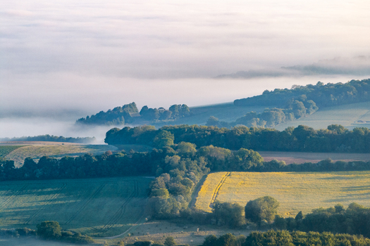 Aerial view of rolling hills and vibrant green and yellow fields partially covered by a thick layer of morning mist in Nuffield Oxfordshire United Kingdom. Aerial view of rolling hills and vibrant green and yellow fields partially covered by a thick layer of morning mist in Nuffield Oxfordshire United Kingdom.