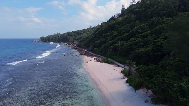 Aerial view of Anse Reunion beach Seychelles.