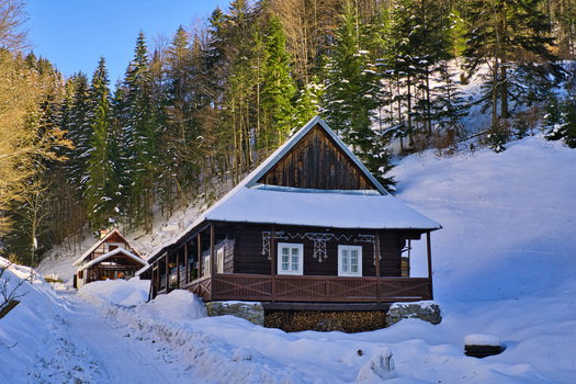 View of a snow laden wooden cottage with intricate white window details nestled among towering evergreens and a winding path Moce Banska Bystrica Region Slovakia.