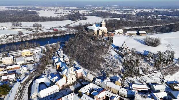 Aerial view of Schloss Ehrenhausen and snow covered rooftops Austria. Aerial view of Schloss Ehrenhausen and snow covered rooftops Austria.