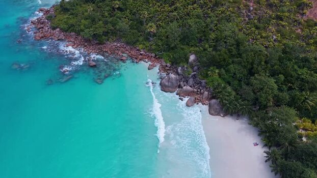 Aerial view of Anse Lazio beach in Baie Sainte Anne Seychelles.