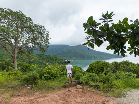 Aerial view of a lone figure standing on a red earth precipice gazing over the turquoise bay and lush green hills of Cottage Legon Waru Karimunjawa Central Java Indonesia.