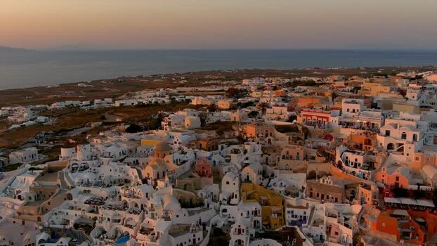 Aerial view of Santorini at sunset Greece. Aerial view of Santorini at sunset Greece.