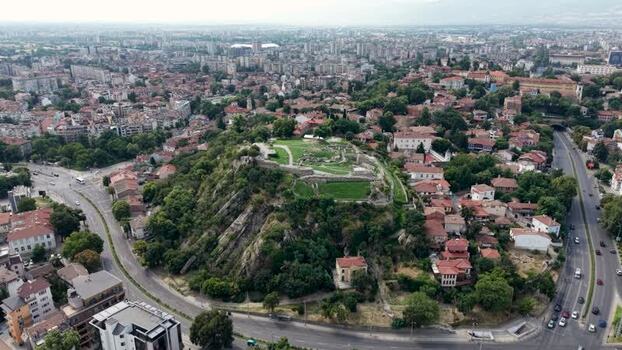 Aerial view of Nebet Tepe ruins in Plovdiv Bulgaria.