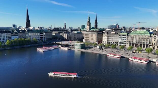 Aerial view of Binnenalster lake and the city skyline in Hamburg Germany. Aerial view of Binnenalster lake and the city skyline in Hamburg Germany.
