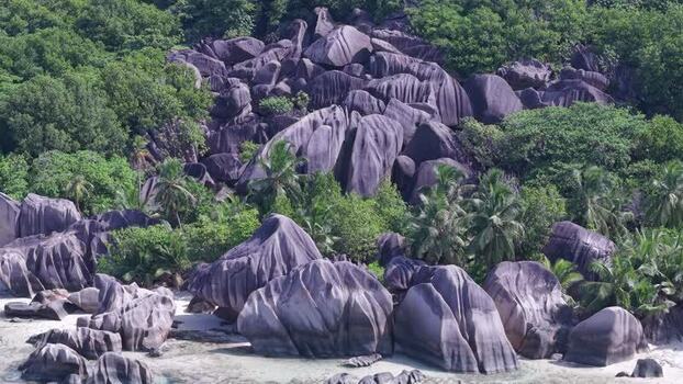 Aerial view of granite boulders at Anse Reunion Seychelles.