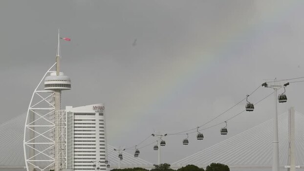 View of Vasco da Gama Tower cable cars and rainbow Portugal. View of Vasco da Gama Tower cable cars and rainbow Portugal.